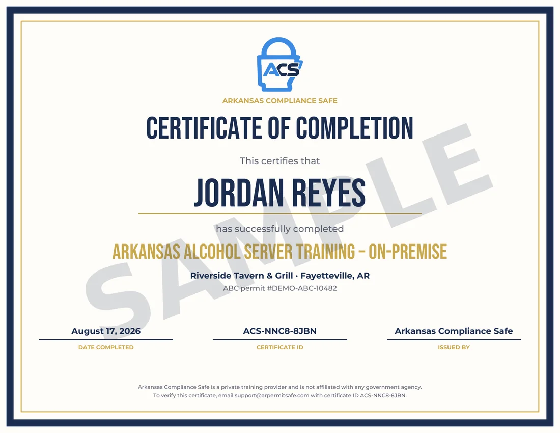 Sample ACS certificate of completion for Arkansas Alcohol Server Training, On-Premise, with date completed and certificate ID