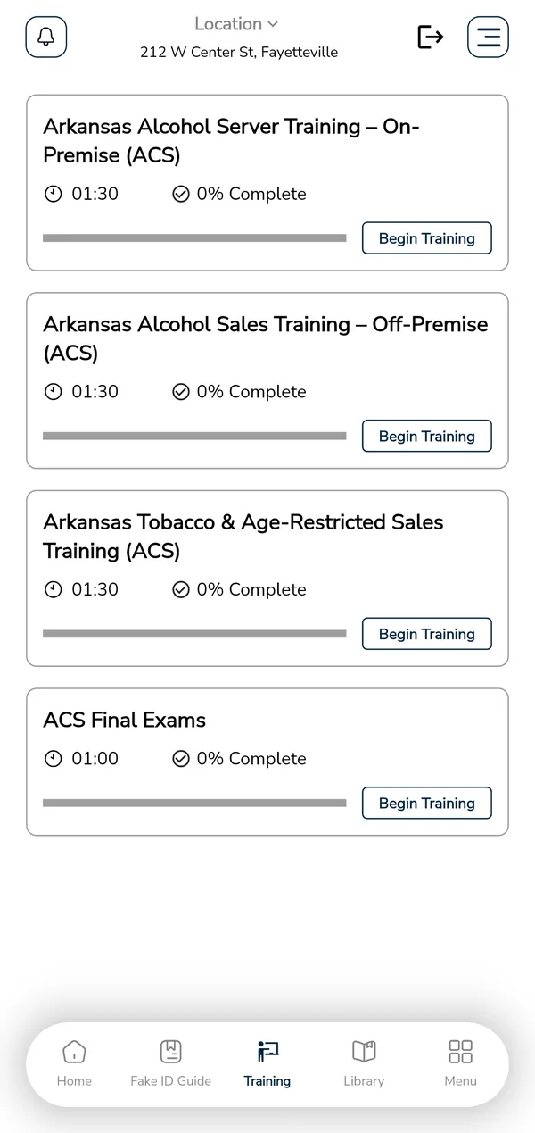 Training screen with on-premise, off-premise and tobacco courses